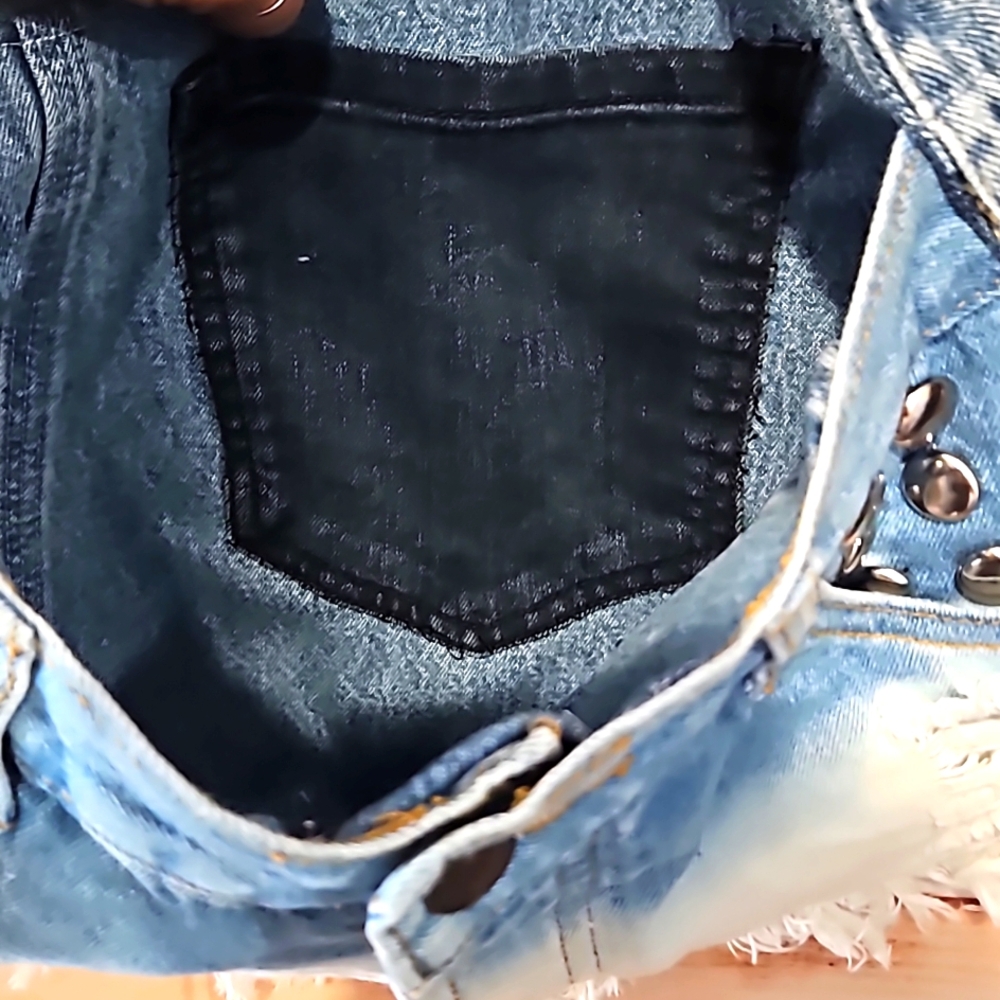 "One Kind Denim co." HANDMADE UPCYCLE OMBRE' BEDAZZLED DENIM SHOULDER BAG! - Picture 5 of 10